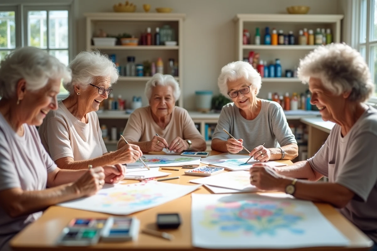 Groupe de femmes âgées faisant de l'aquarelle ensemble dans un atelier de loisirs créatifs en maison de retraite