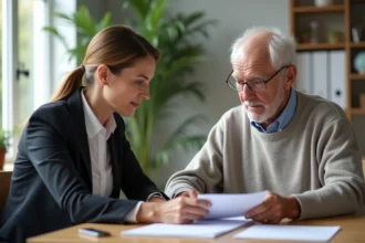 Administratrice de maison de retraite discutant avec un résident âgé