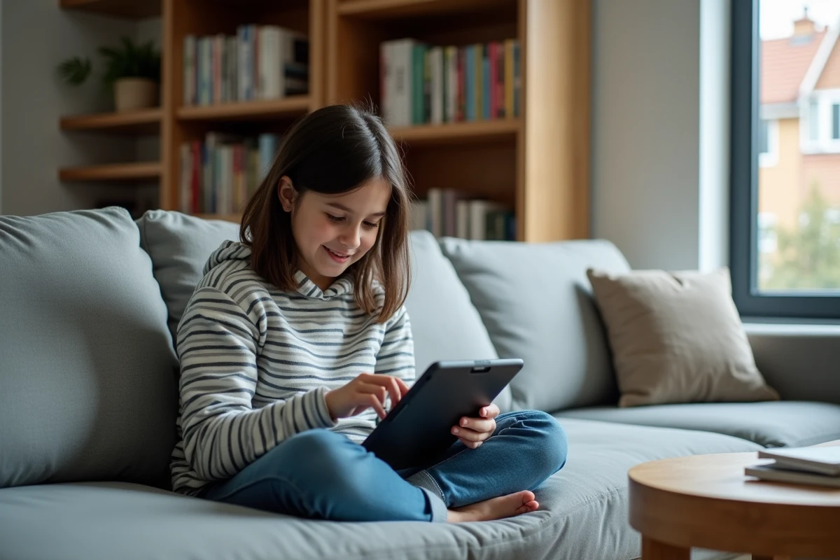 Adolescente utilisant une tablette pour rester connectée à sa famille via une plateforme de communication familiale