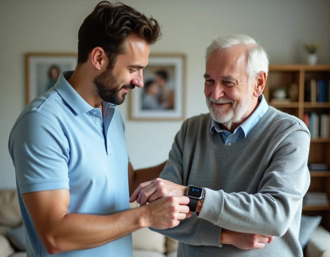 Aidant expliquant le fonctionnement d'une montre connectée à une personne âgée dans un salon