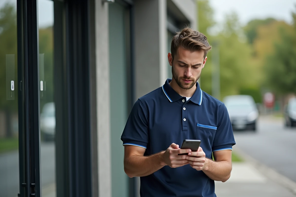 Aide à domicile ADMR consultant son planning sur smartphone devant une résidence, représentant la coordination terrain facilitée par l'outil Philia ADMR
