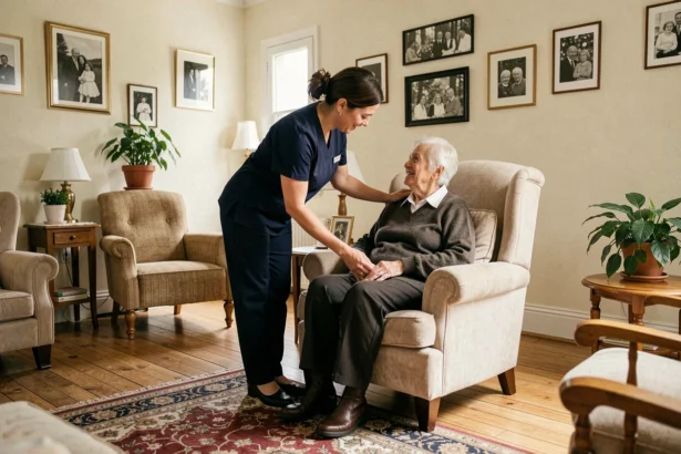 Auxiliaire de vie aidant une personne âgée à domicile dans le Val-de-Marne