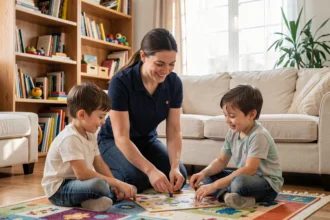 Aide à domicile professionnelle jouant avec des enfants dans un salon familial chaleureux, illustrant la confiance et la sécurité dans la garde d'enfants
