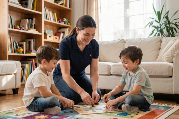Aide à domicile professionnelle jouant avec des enfants dans un salon familial chaleureux, illustrant la confiance et la sécurité dans la garde d'enfants