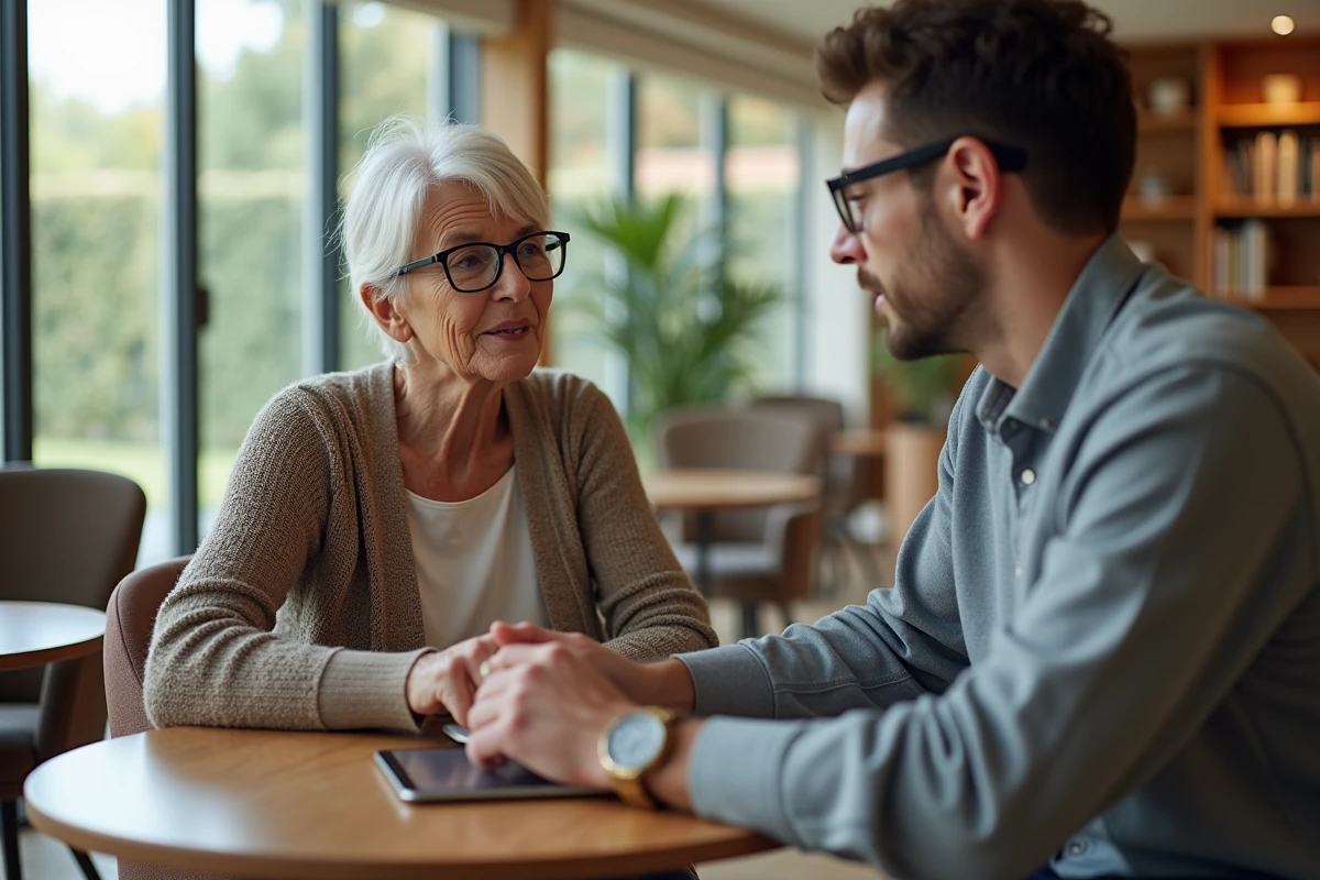 Seniore utilisant une tablette avec un technicien d