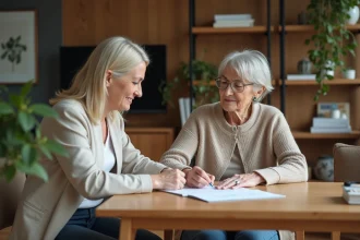 Femme âgée remplissant des papiers avec une assistante