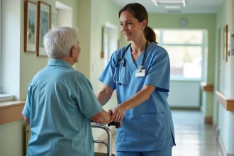 Aide-soignante aidant un résident dans un couloir lumineux