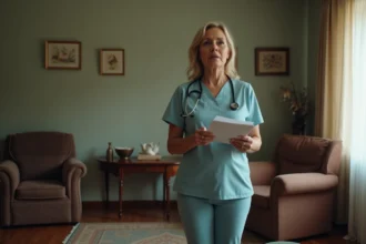 Aide-soignante préoccupée dans une salle modeste