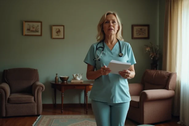 Aide-soignante préoccupée dans une salle modeste