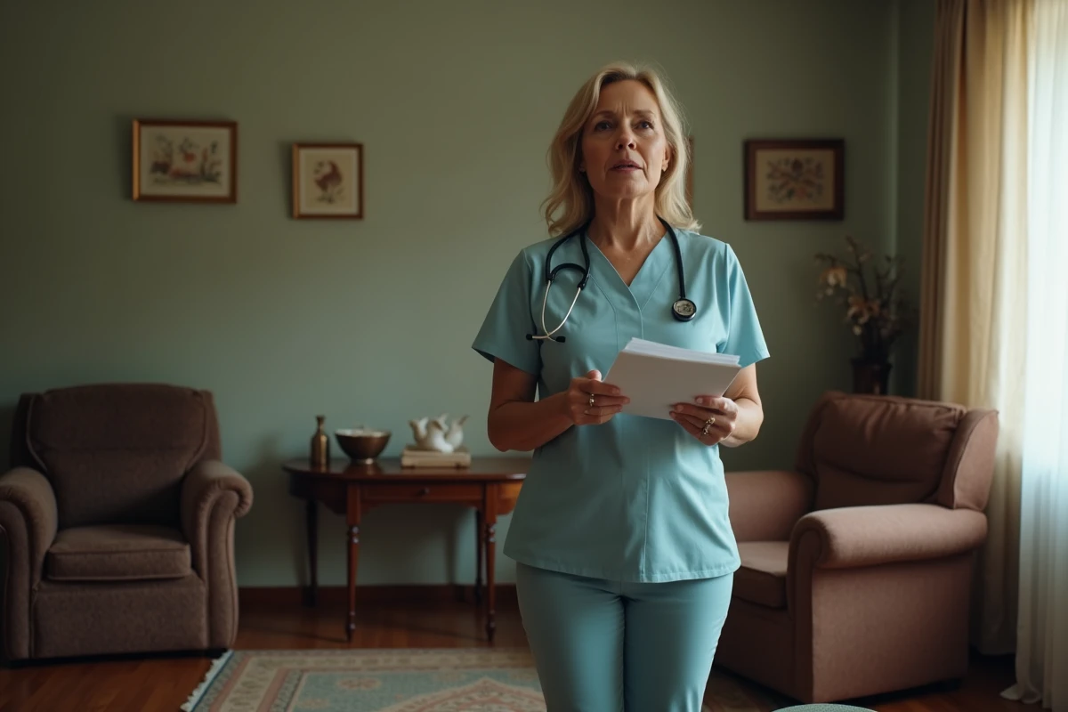 Aide-soignante préoccupée dans une salle modeste