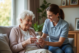 Femme âgée aidée par une soignante dans un salon chaleureux