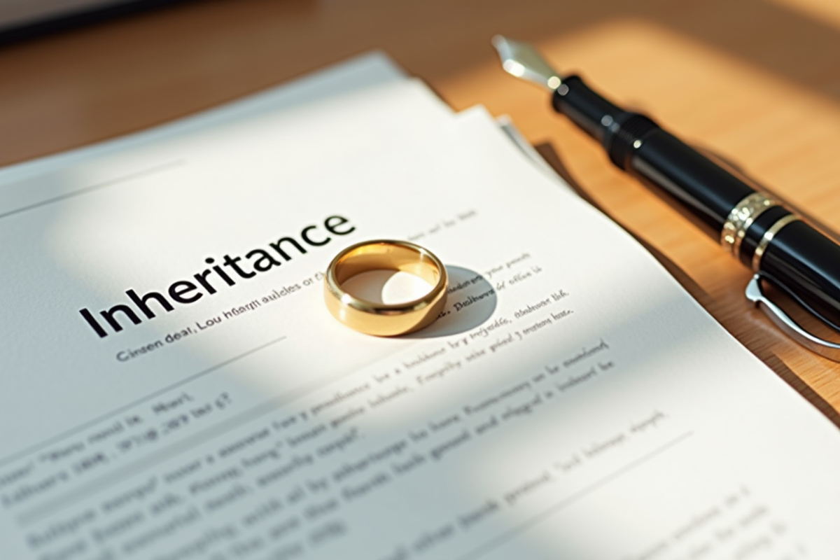 Alliance en or sur documents d inheritance avec stylo et lumière douce