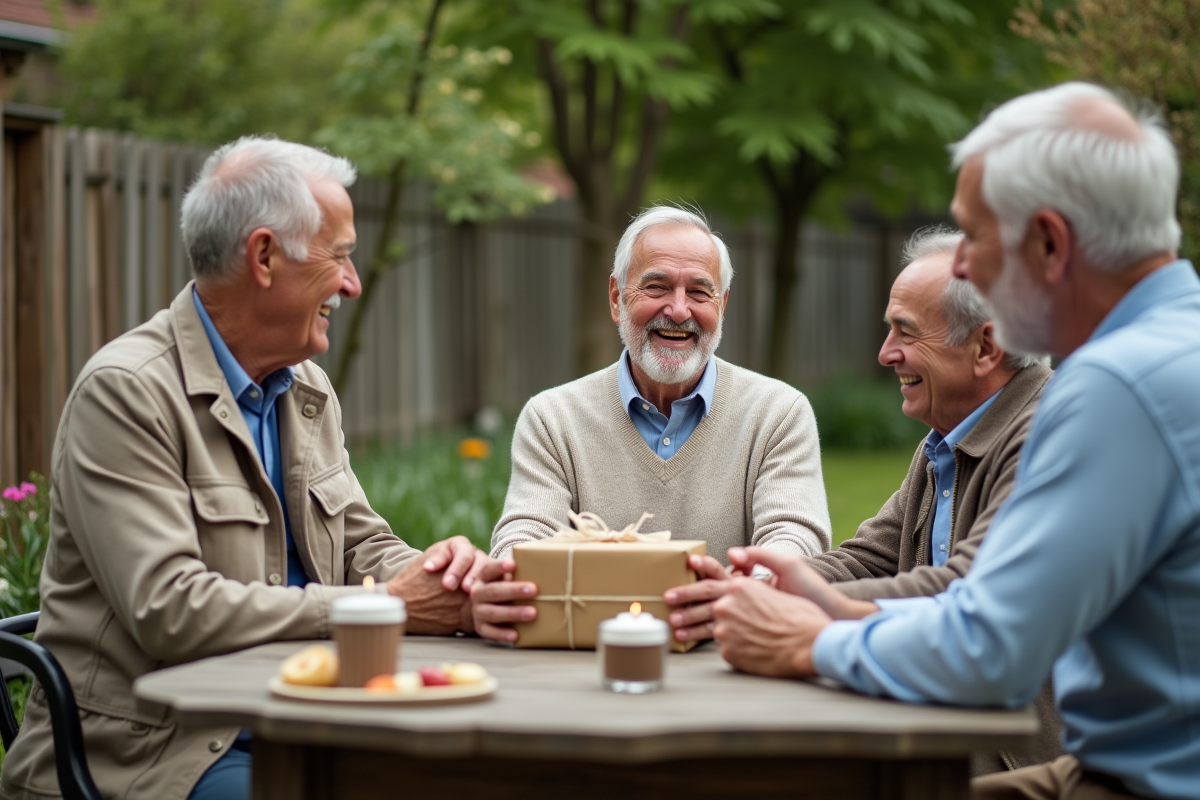 Groupe d amis âgés recevant un cadeau dans un jardin ensoleille