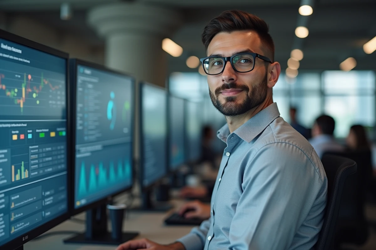 Responsable informatique analysant un tableau de bord de conformité Logifil sur écrans doubles dans un bureau moderne