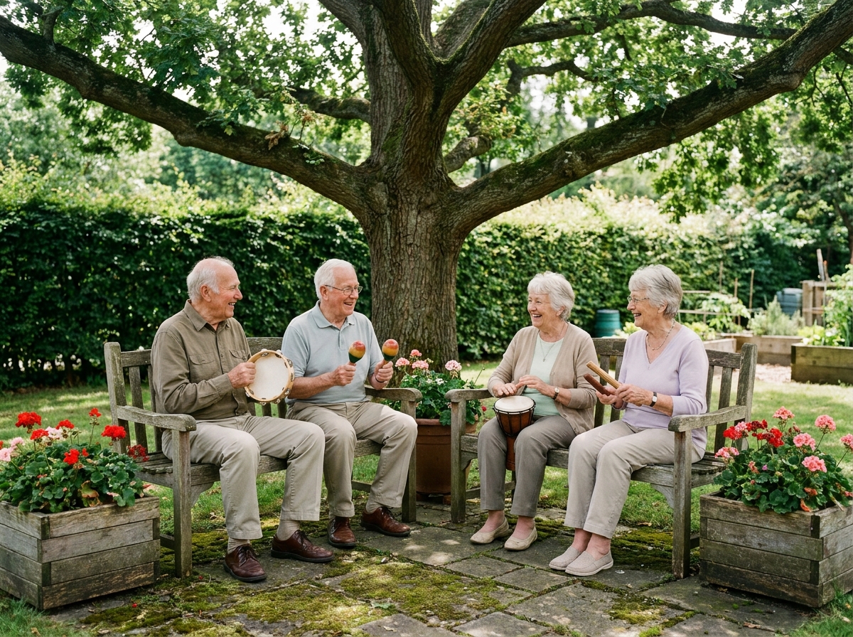 Groupe de personnes âgées jouant des percussions ensemble dans un jardin communautaire sous un chêne