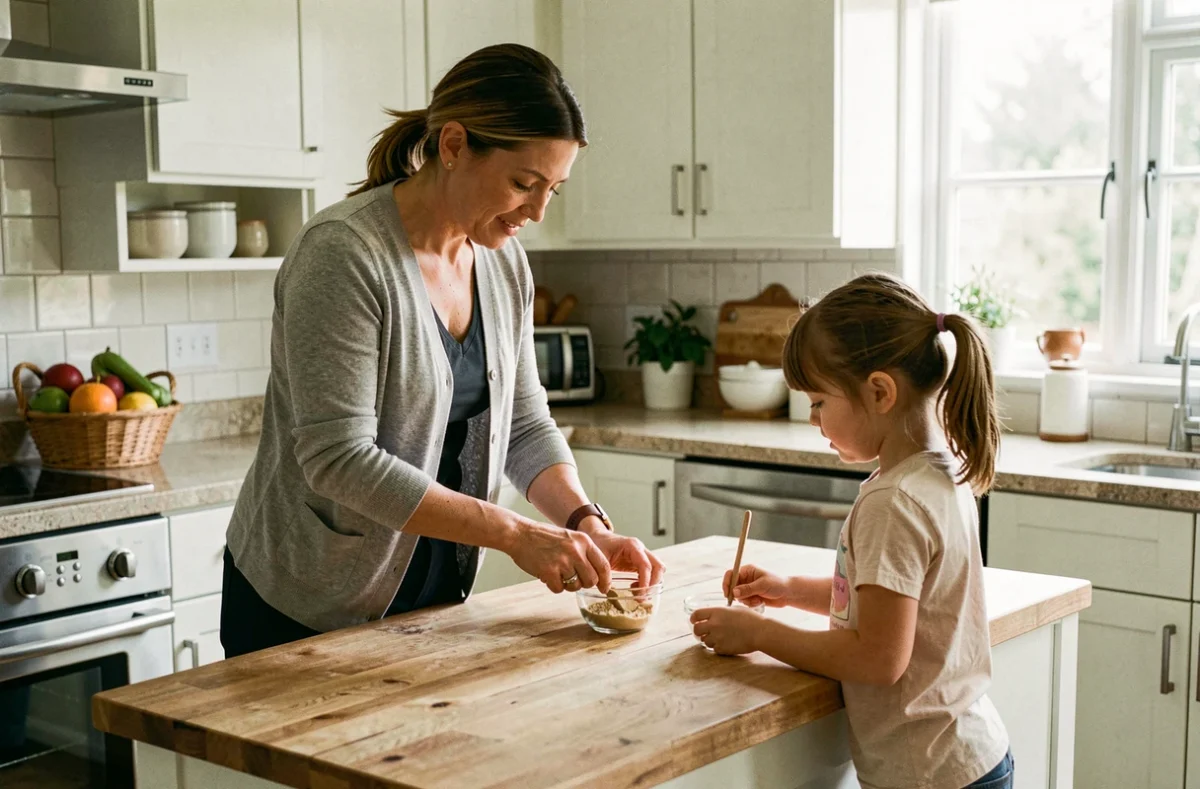 Assistante maternelle professionnelle préparant un goûter avec une enfant dans une cuisine familiale organisée, symbolisant la sécurité et les garanties de la garde à domicile