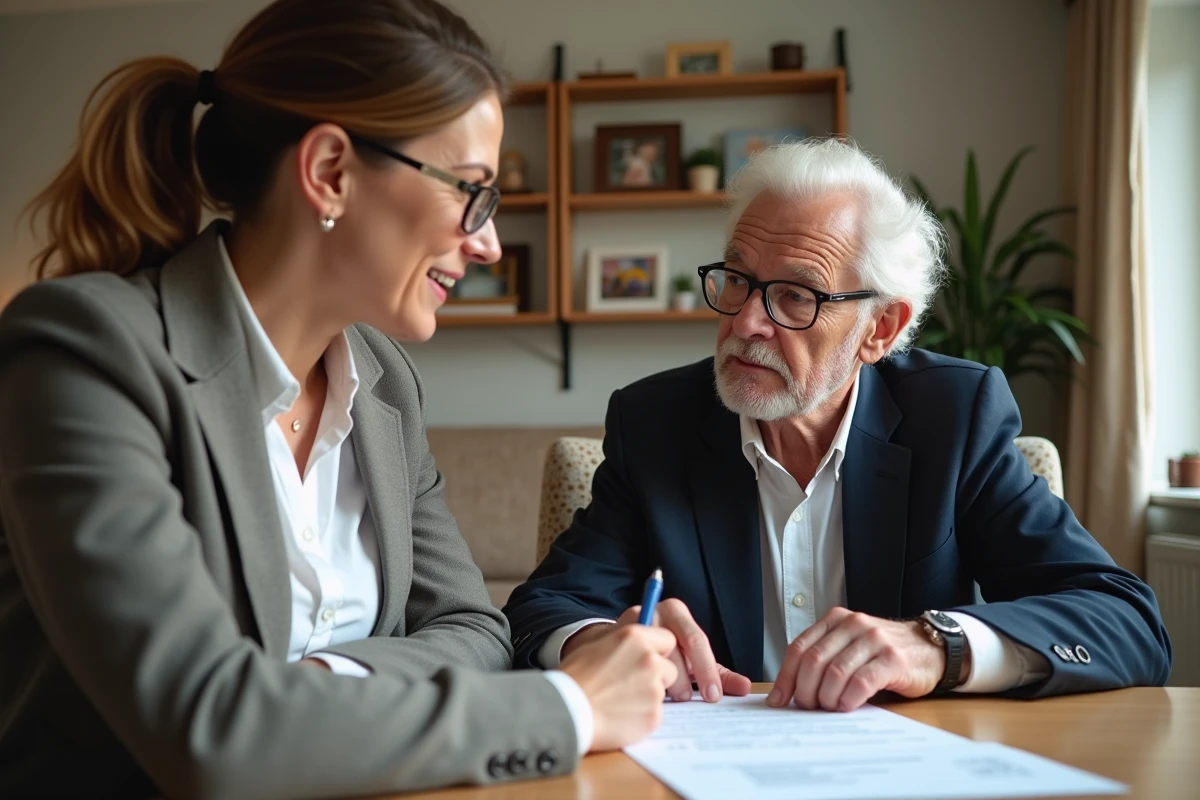 Assistante sociale explique un formulaire à un homme âgé