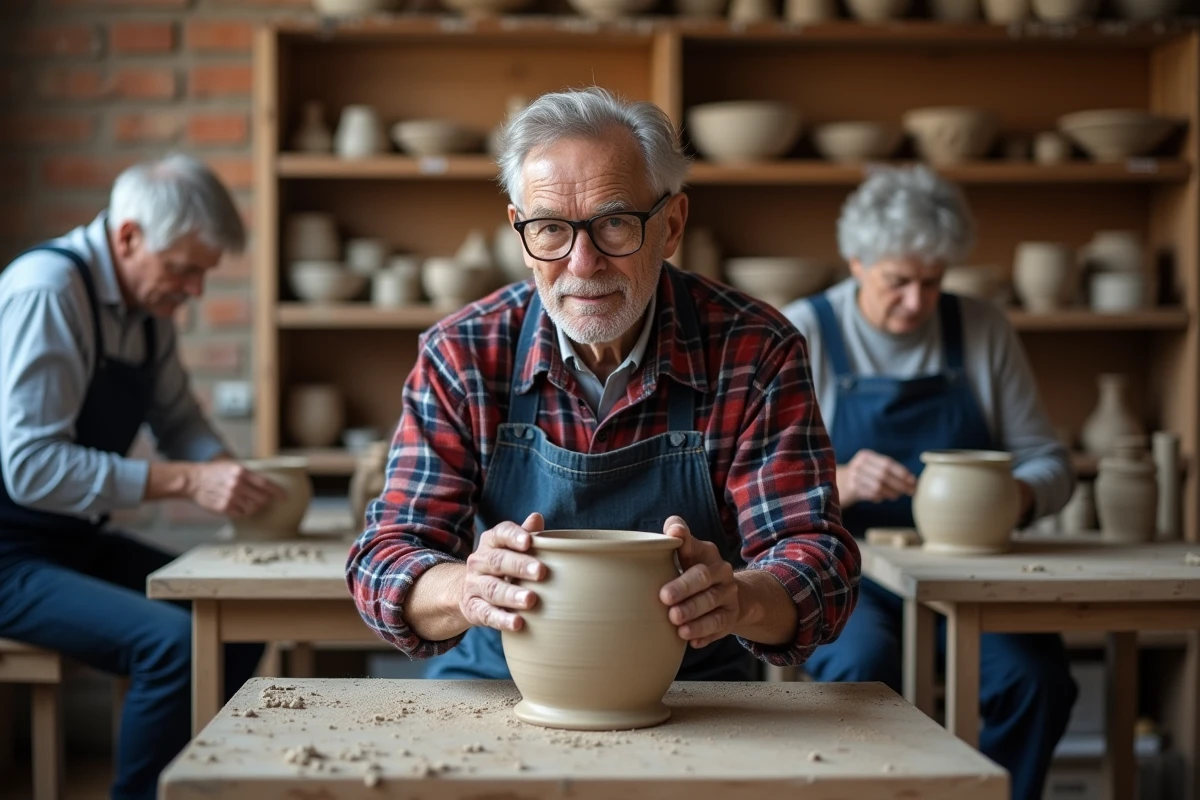 Personne âgée modelant de l'argile lors d'un atelier de poterie en groupe pour seniors