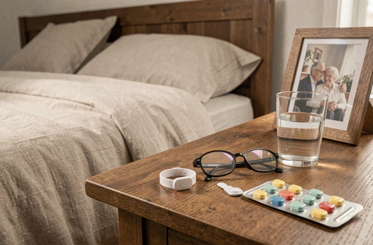 Bracelet anti-chute senior sans abonnement posé sur une table de chevet dans une chambre