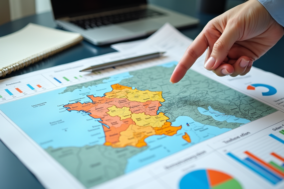 Carte de France avec graphiques de salaires et region en highlight