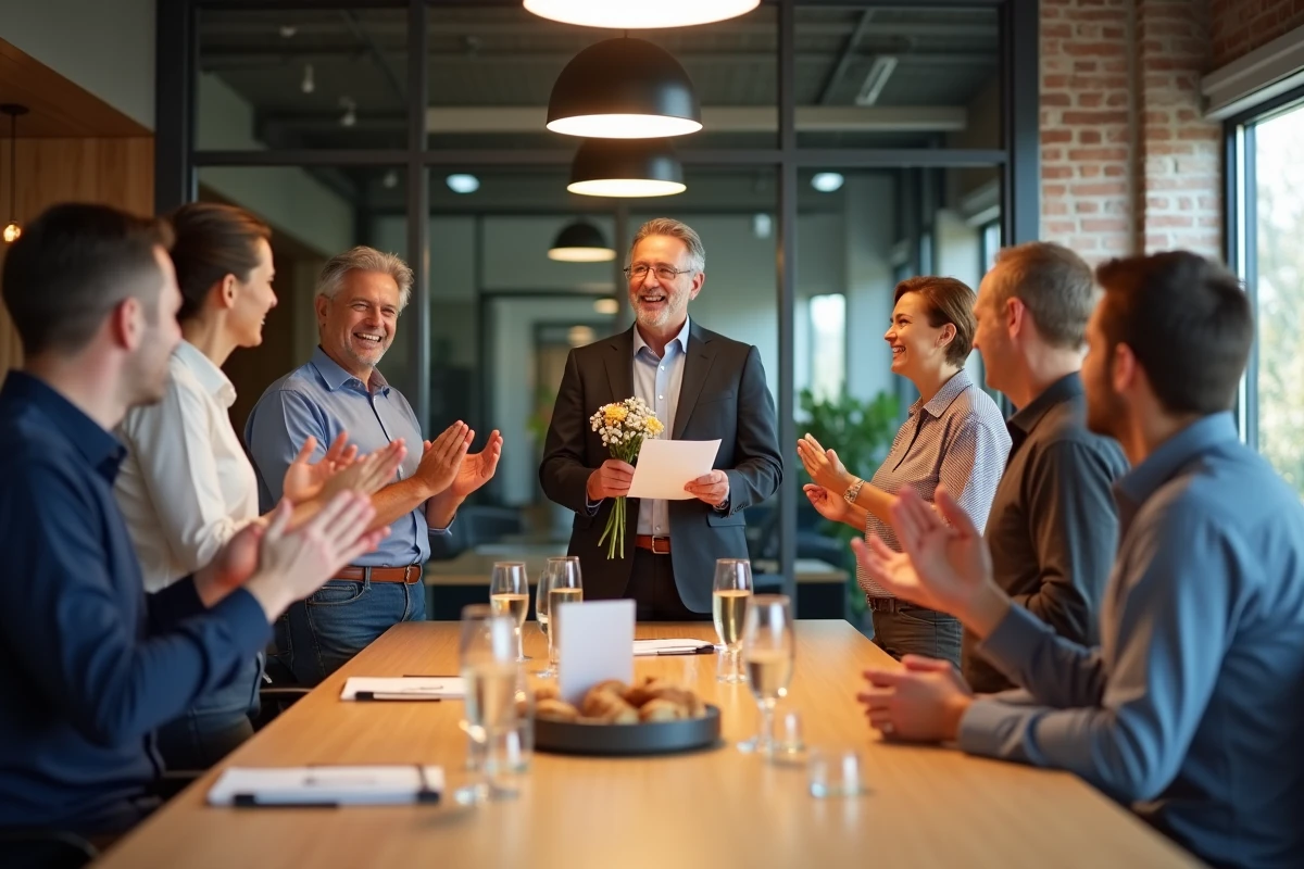 Collègues réunis pour célébrer le départ en retraite d'un employé avec applaudissements et bouquet de fleurs au bureau