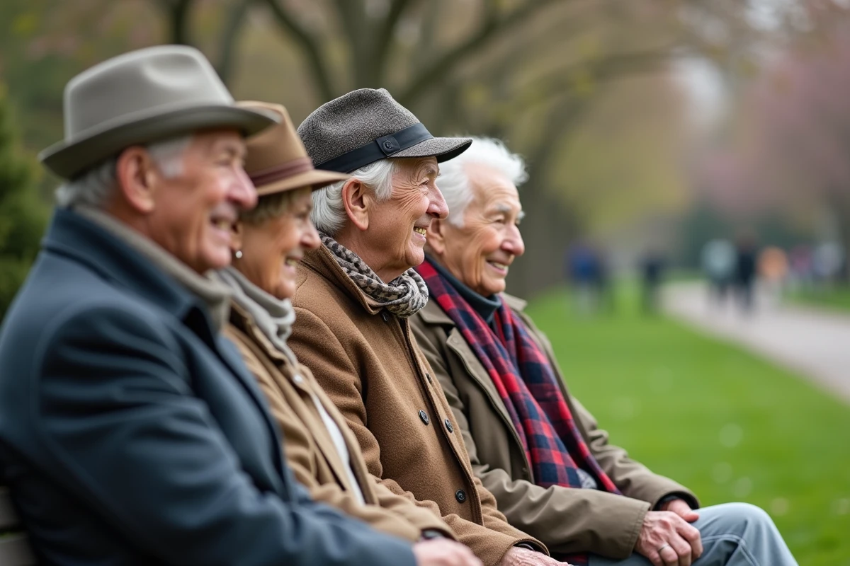 Groupe de centenaires discutant sur un banc dans un parc