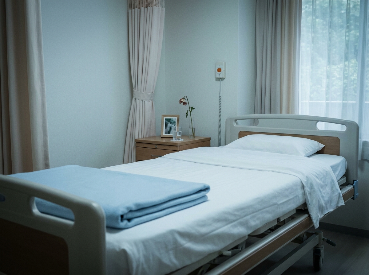 Chambre vide en établissement de soins après un décès avec lit refait et effets personnels sur la table de nuit