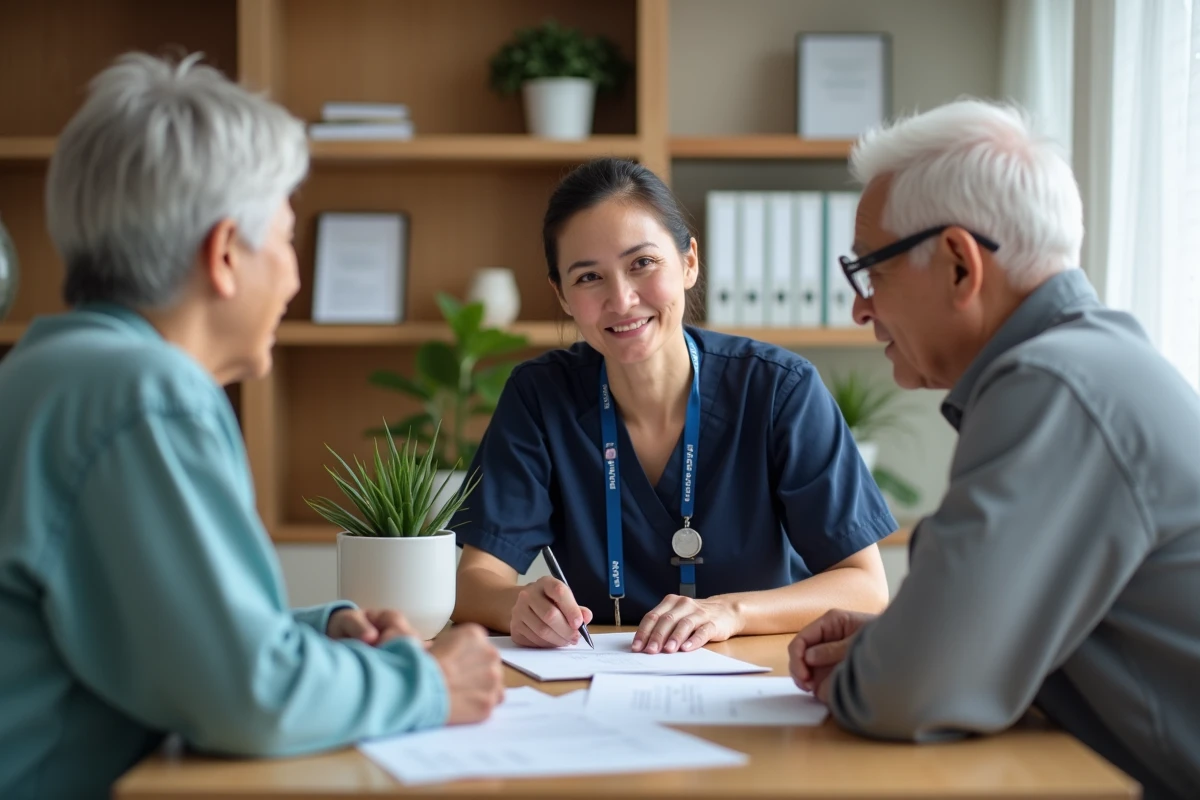 Coordinatrice d'un EHPAD présentant un comparatif à un couple de seniors lors d'un entretien d'admission en maison de retraite