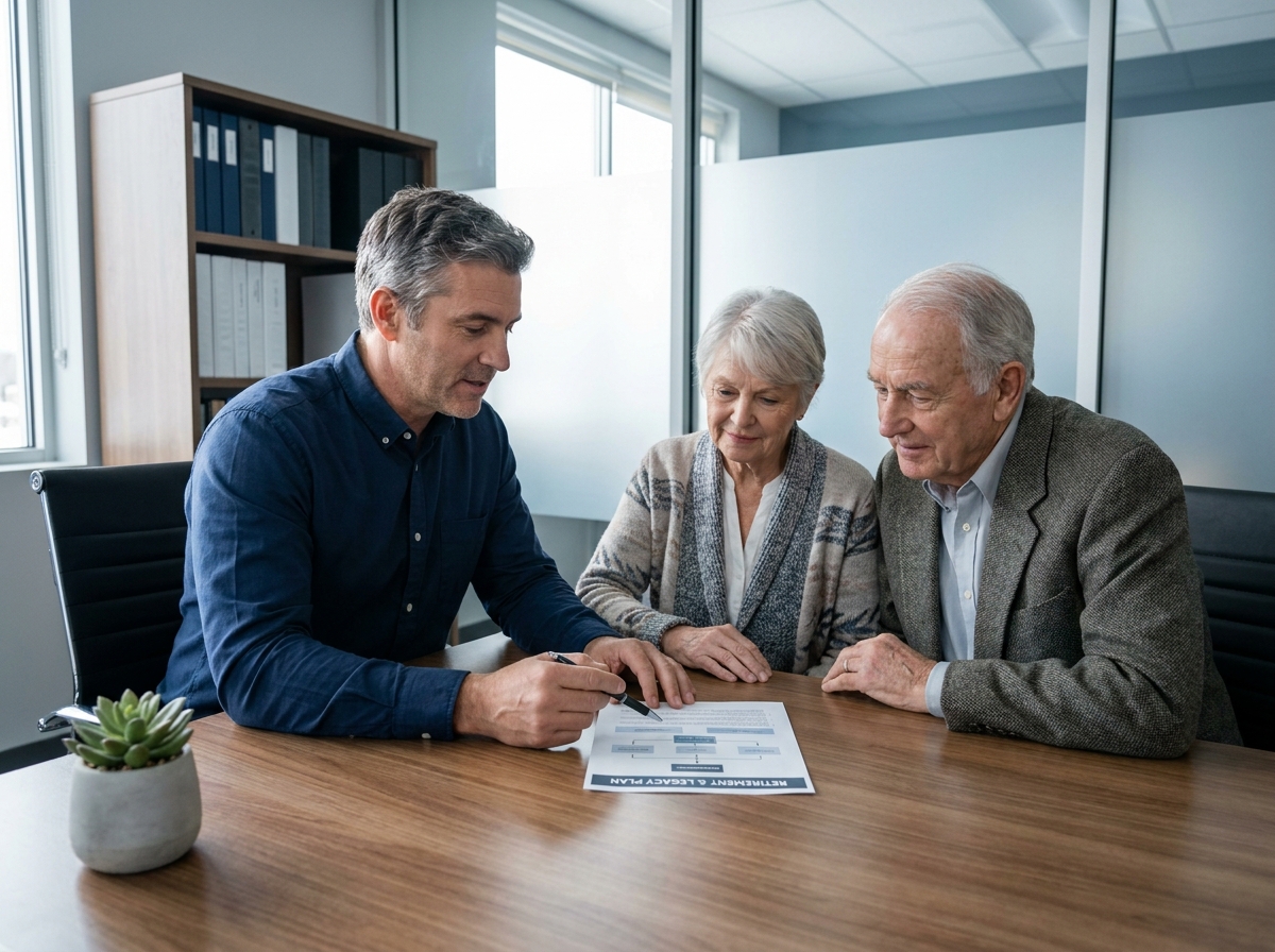 Conseiller financier discutant du budget obsèques avec un couple de personnes âgées en agence