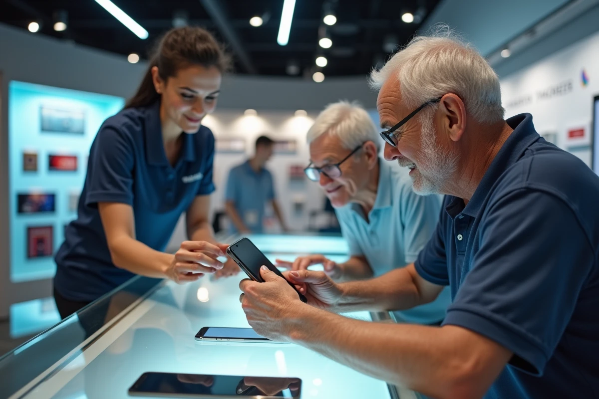 Une conseillère en boutique présente un smartphone senior simplifié à un couple de personnes âgées au comptoir
