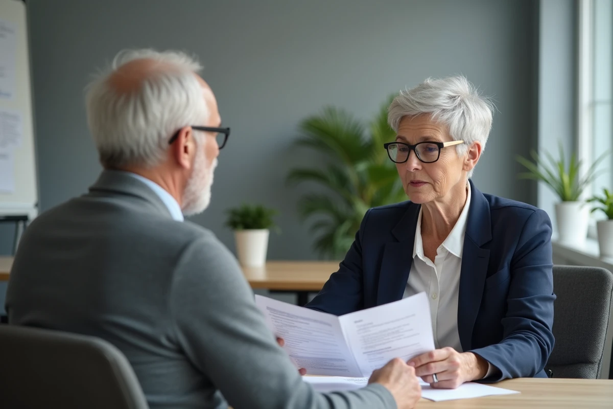 Conseillère financière aidant un senior à comprendre les aides disponibles pour payer une maison de retraite