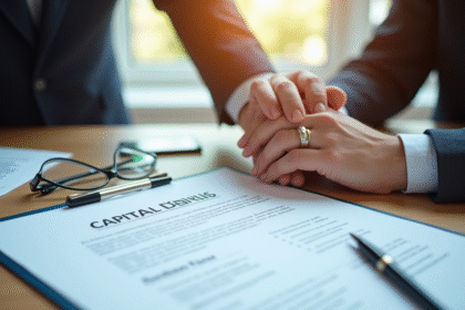 Bureau avec document capital décès et main de soutien