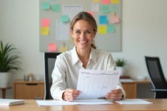 Coordinatrice d'équipe ADMR consultant un planning hebdomadaire dans un bureau organisé, illustrant l'optimisation de la gestion d'équipe avec Philia ADMR