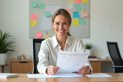 Coordinatrice d'équipe ADMR consultant un planning hebdomadaire dans un bureau organisé, illustrant l'optimisation de la gestion d'équipe avec Philia ADMR