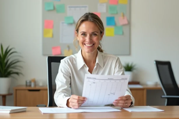 Coordinatrice d'équipe ADMR consultant un planning hebdomadaire dans un bureau organisé, illustrant l'optimisation de la gestion d'équipe avec Philia ADMR