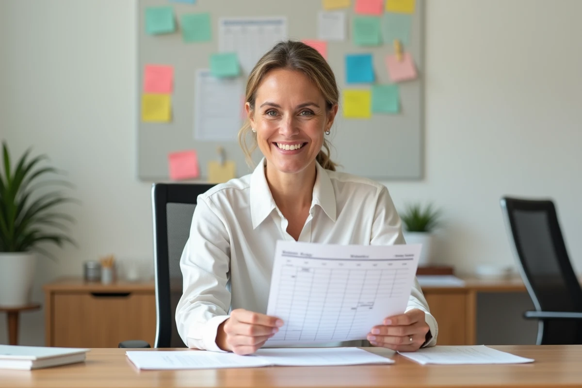 Coordinatrice d'équipe ADMR consultant un planning hebdomadaire dans un bureau organisé, illustrant l'optimisation de la gestion d'équipe avec Philia ADMR