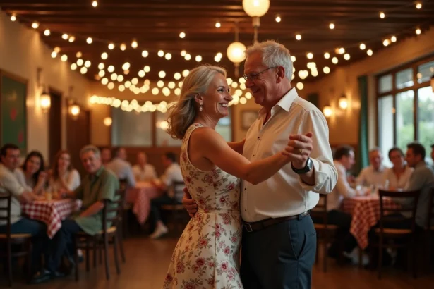 Couple de quinquagénaires dansant la valse dans un dancing guinguette lyonnais avec décoration vintage et ambiance festive