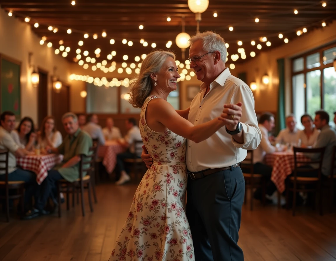 Couple de quinquagénaires dansant la valse dans un dancing guinguette lyonnais avec décoration vintage et ambiance festive