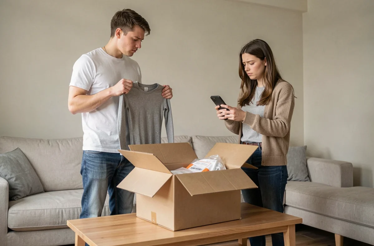 Couple découvrant un babygro adulte reçu en livraison dans une mauvaise taille, illustrant les erreurs fréquentes lors d'un achat en ligne