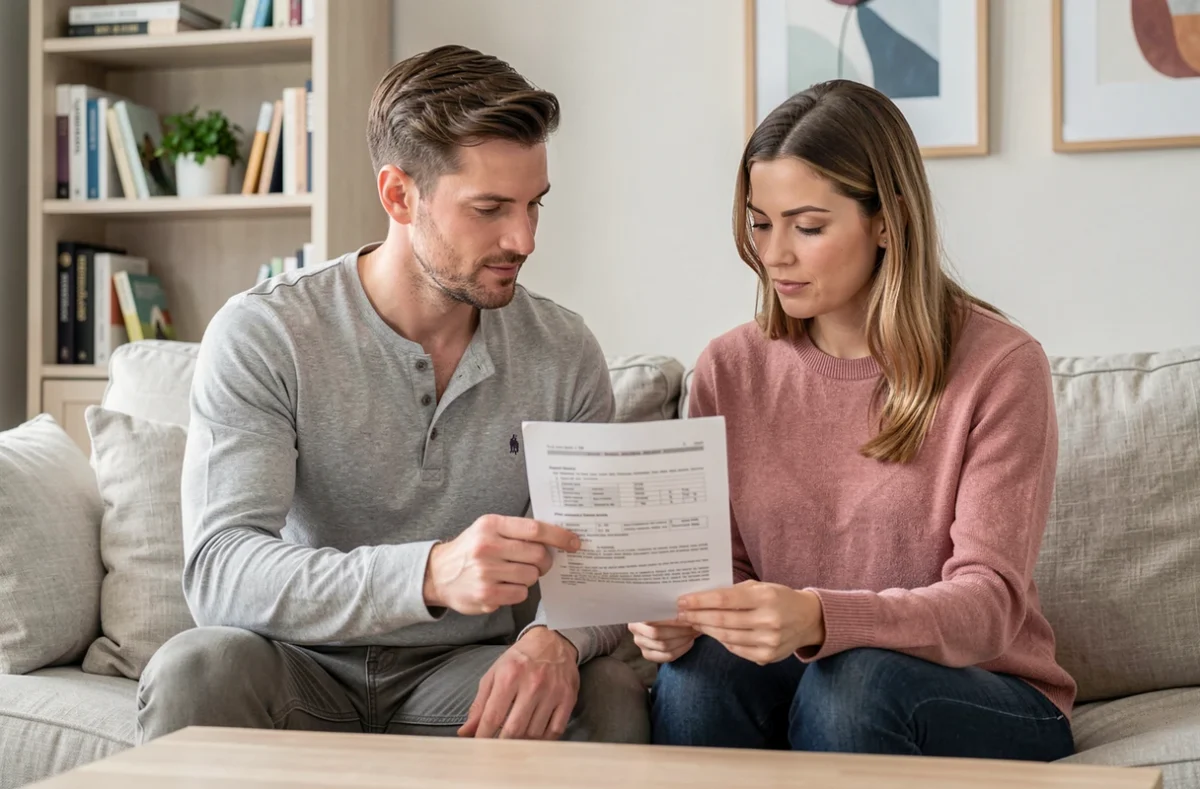 Couple examinant des documents de protection juridique familiale ensemble dans leur salon, illustrant la gestion des garanties Proxima
