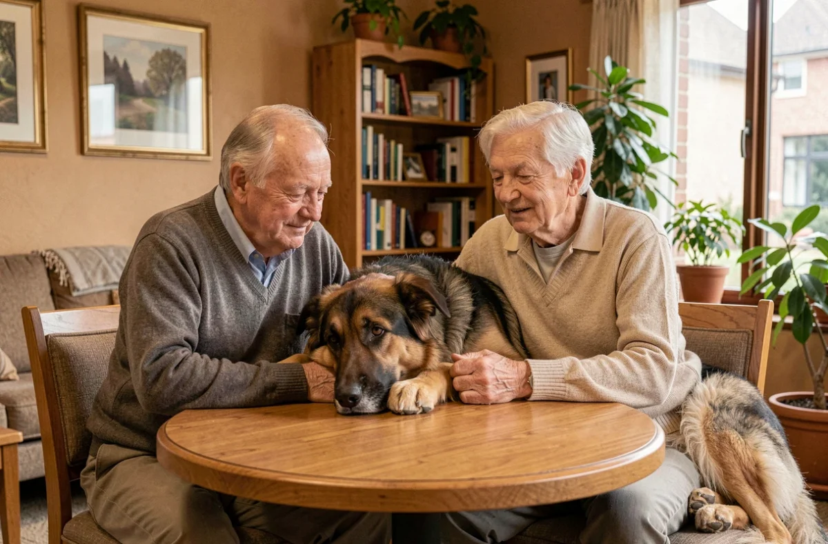 Couple de personnes âgées en maison de retraite avec leur grand chien Berger Allemand dans une salle commune
