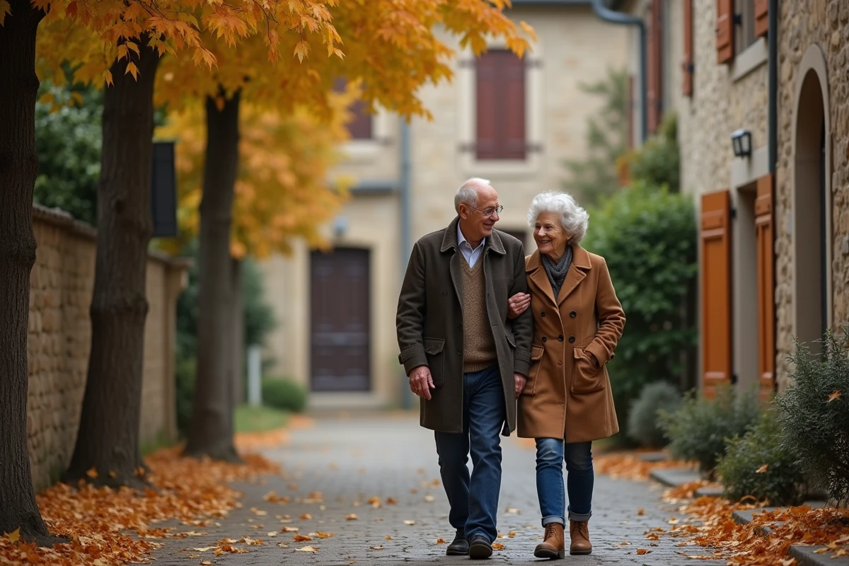 Couple de retraités gendarmes se promenant ensemble dans un village français en automne, symbolisant la protection du conjoint survivant