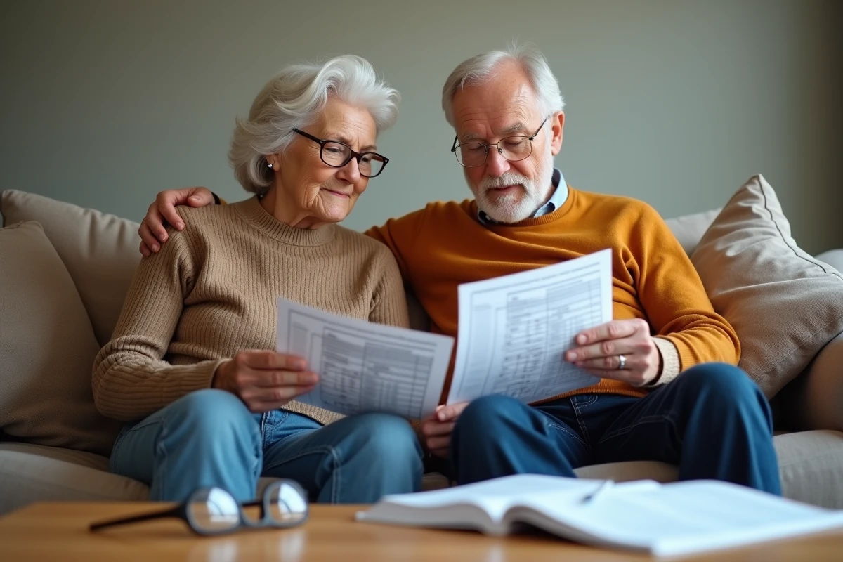 Couple de retraités examinant ensemble leur bilan de retraite Agirc-Arrco dans leur salon