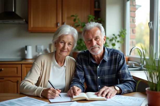 Couple de retraités en train de renégocier leur budget autour de documents financiers sur une table en bois dans leur cuisine