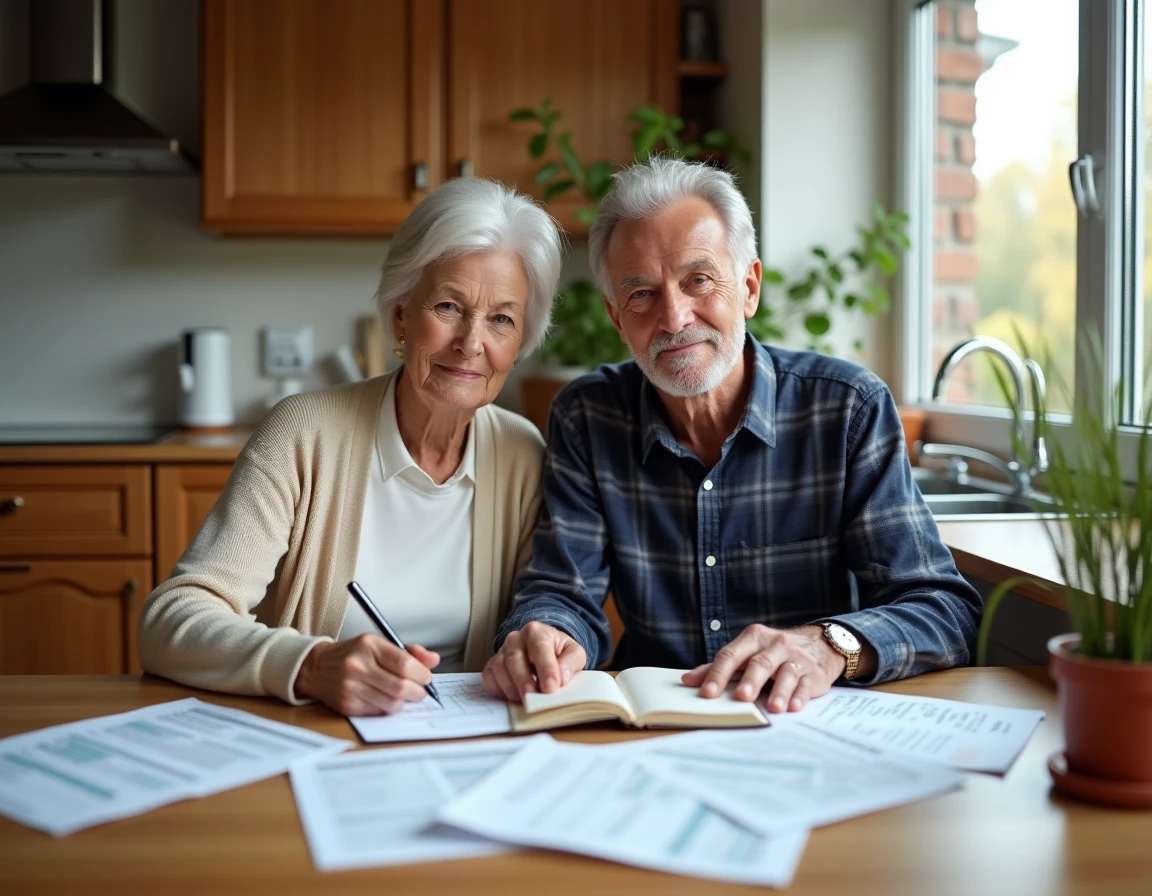 Couple de retraités en train de renégocier leur budget autour de documents financiers sur une table en bois dans leur cuisine