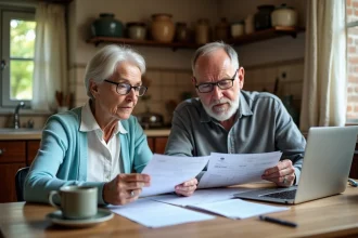 Couple de retraités consultant leurs documents fiscaux à la table de la cuisine pour optimiser leur déclaration d'impôts 2026