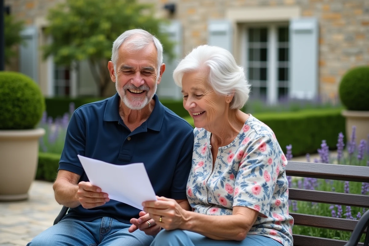 Couple de retraités lisant un guide des aides financières dans le jardin d'une maison de retraite