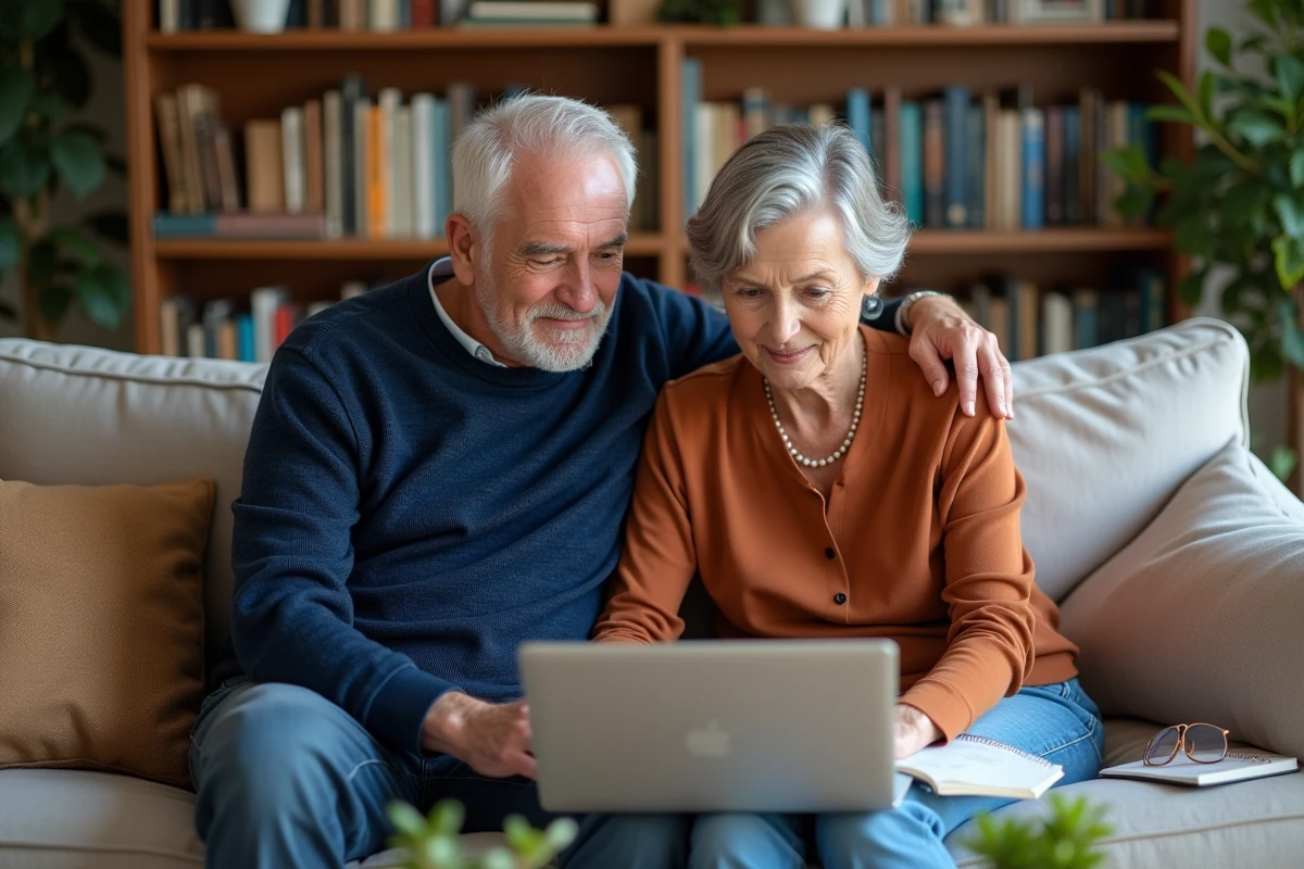 Couple de retraités consultant ensemble un site d'information sur les nouvelles règles de la retraite complémentaire Agirc-Arrco 2026