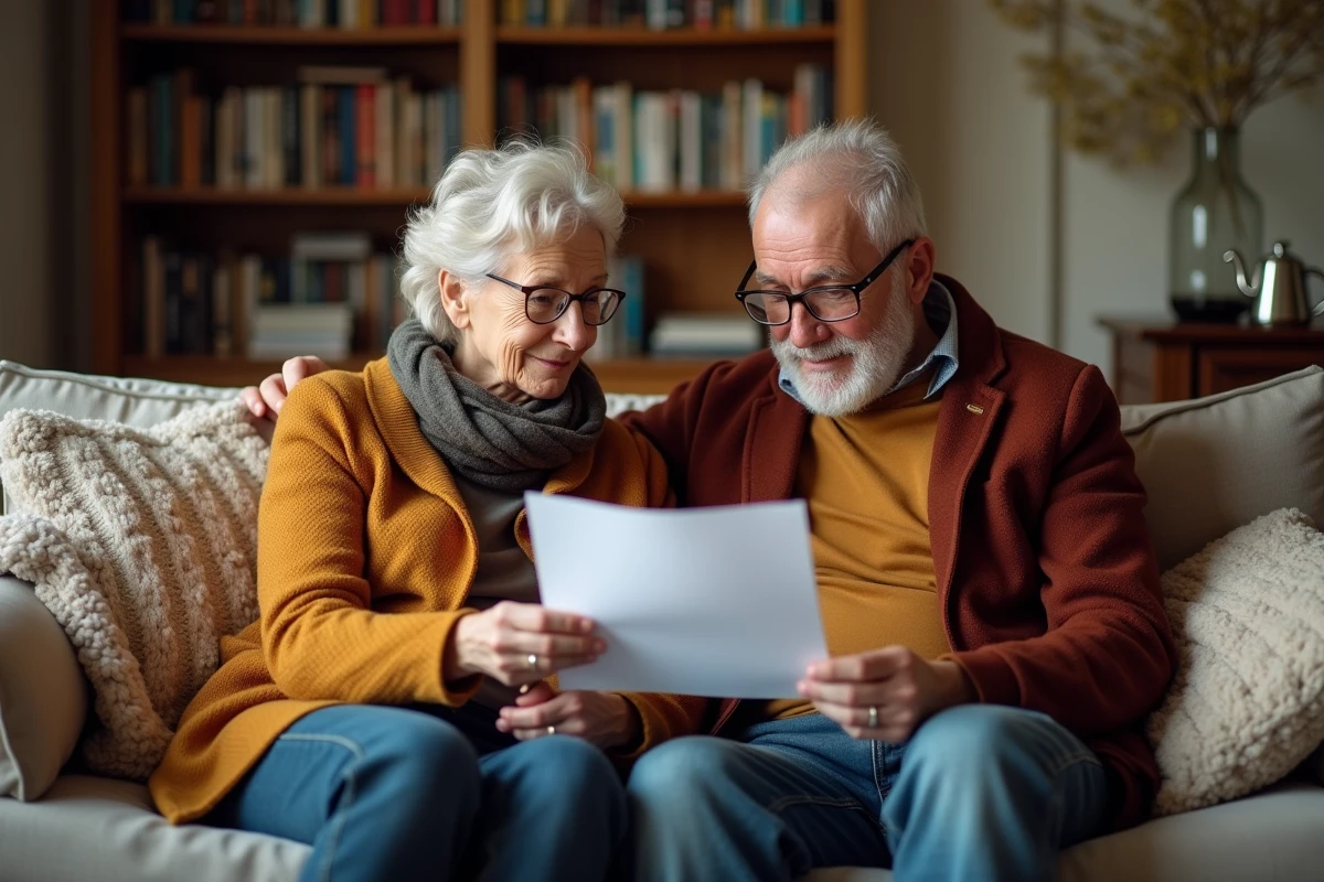 Couple de retraités lisant ensemble une notification de diminution de leur pension Agirc-Arrco