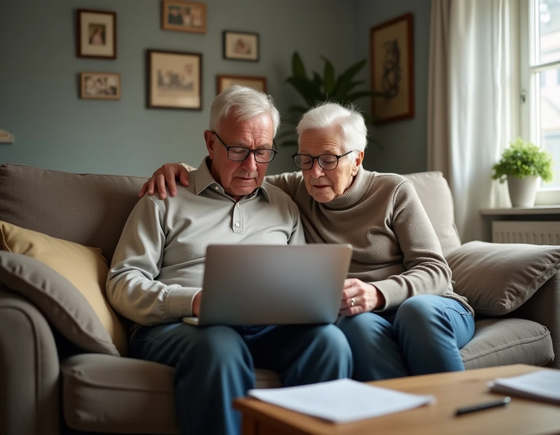 Couple de retraités consultant les informations sur la revalorisation des retraites 2026 en ligne